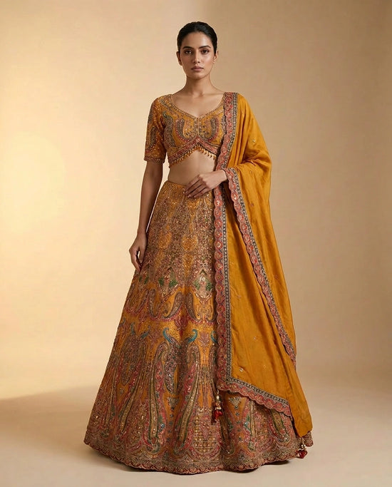 Raw Silk Croptop Lehenga with Hand Embroidered Bodice for Women - Rangoli India