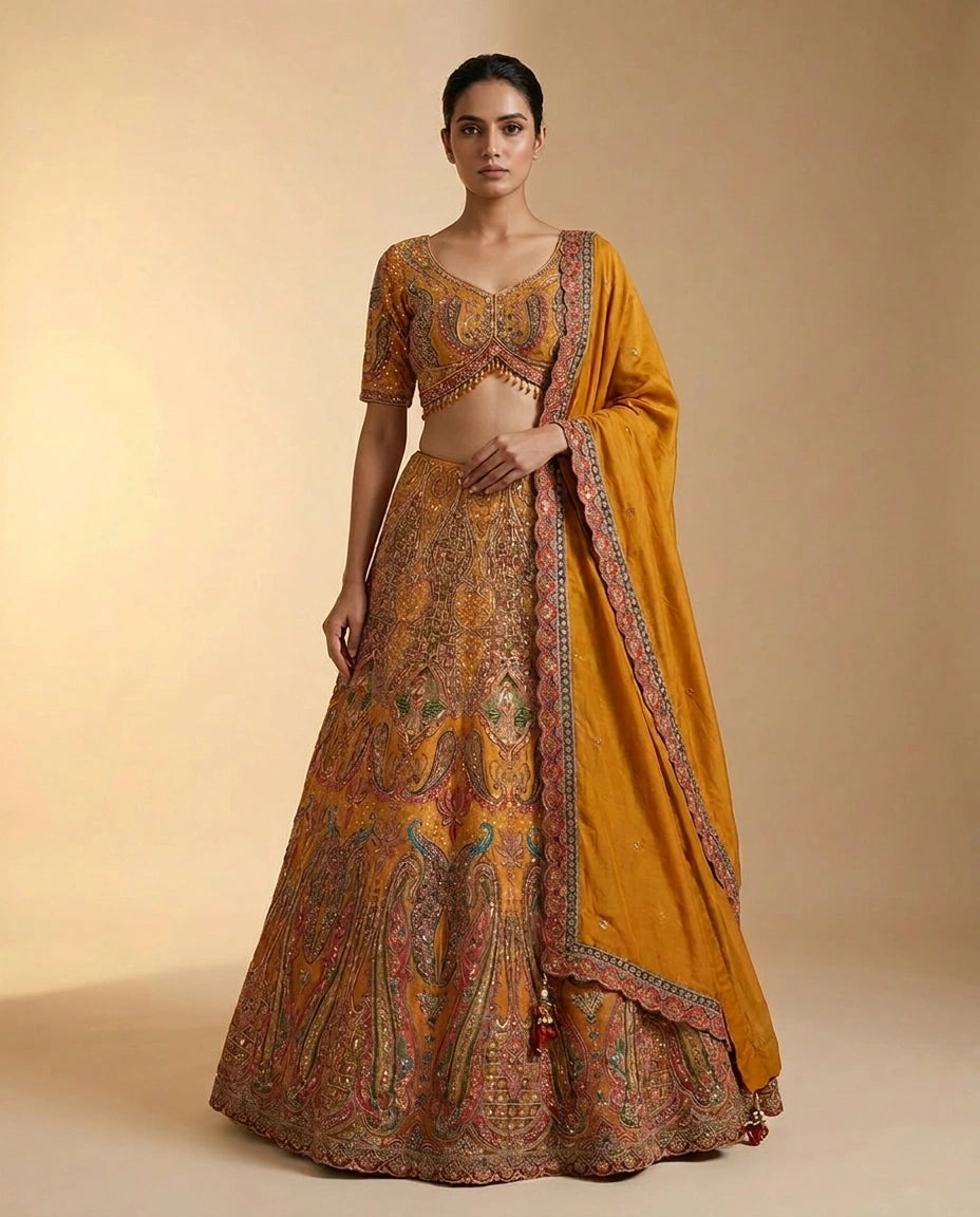 Raw Silk Croptop Lehenga with Hand Embroidered Bodice for Women - Rangoli India