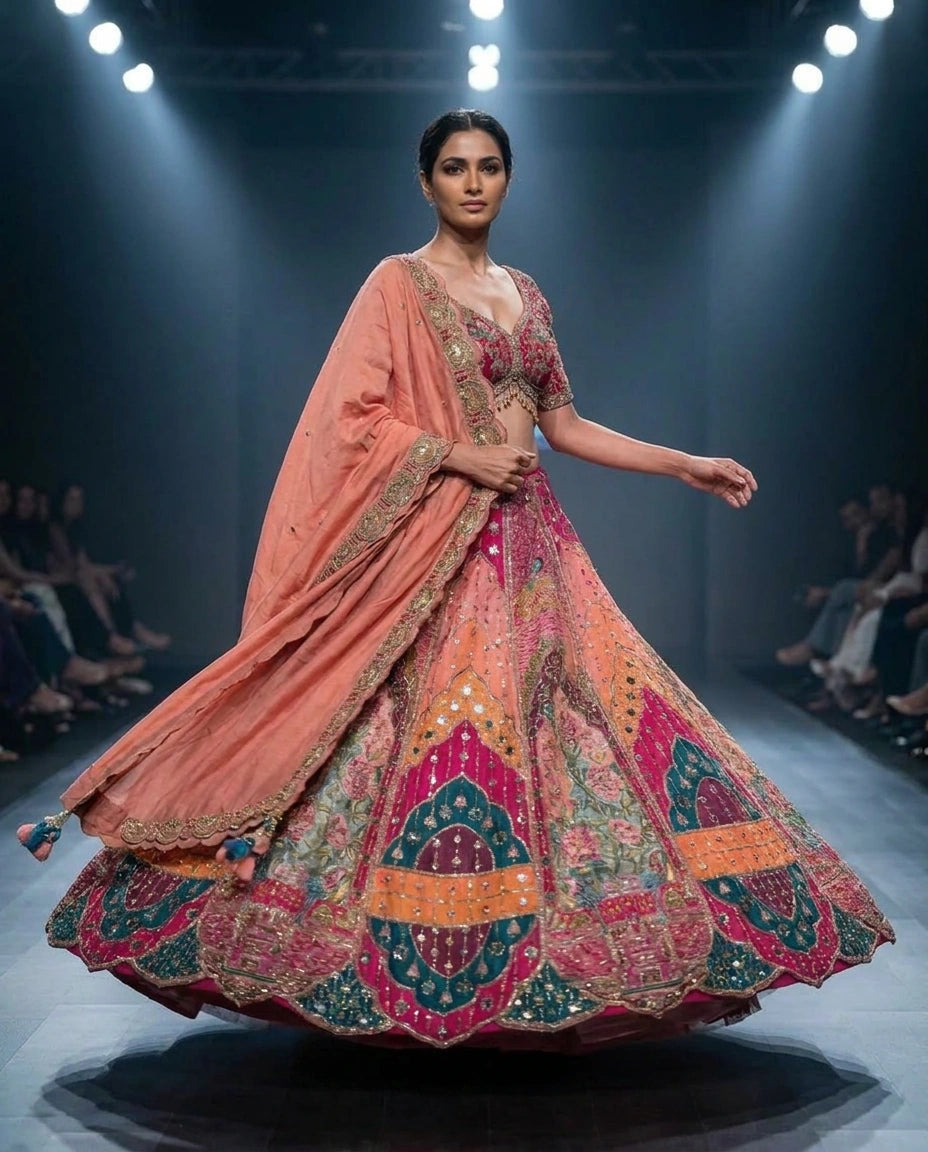 Raw Silk Croptop Lehenga with Resham Embroidered Choli for Women - Rangoli India