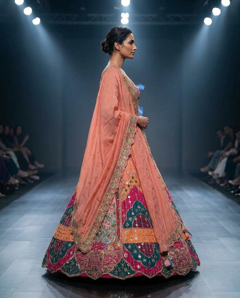 Raw Silk Croptop Lehenga with Resham Embroidered Choli for Women - Rangoli India