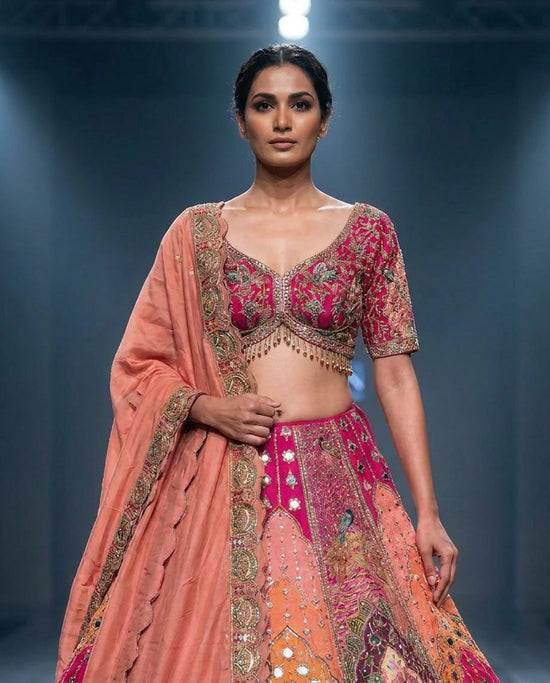 Magenta Raw Silk Crop-Top Lehenga with Resham Choli