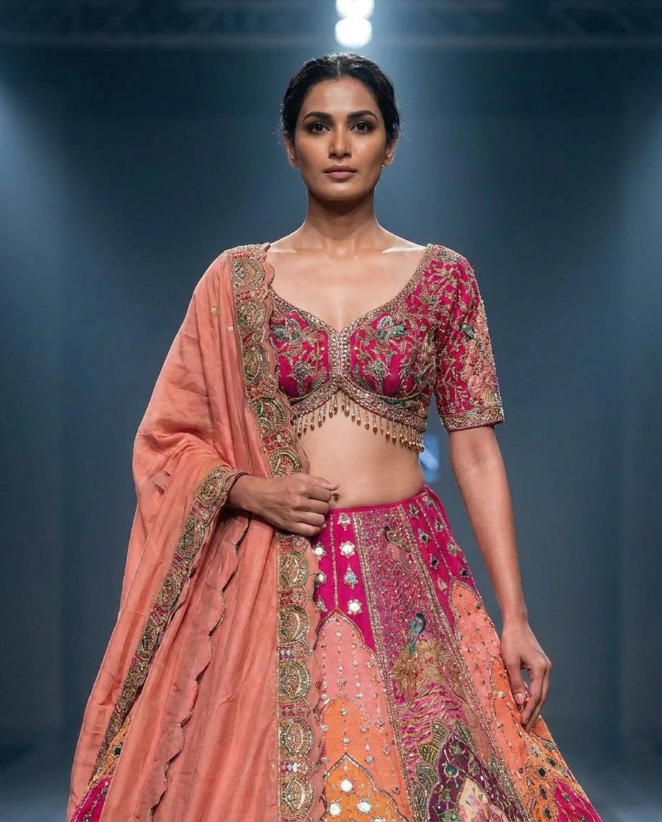 Raw Silk Croptop Lehenga with Resham Embroidered Choli for Women - Rangoli India