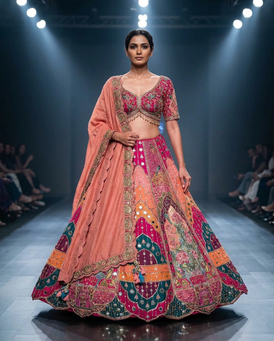 Raw Silk Croptop Lehenga with Resham Embroidered Choli for Women - Rangoli India