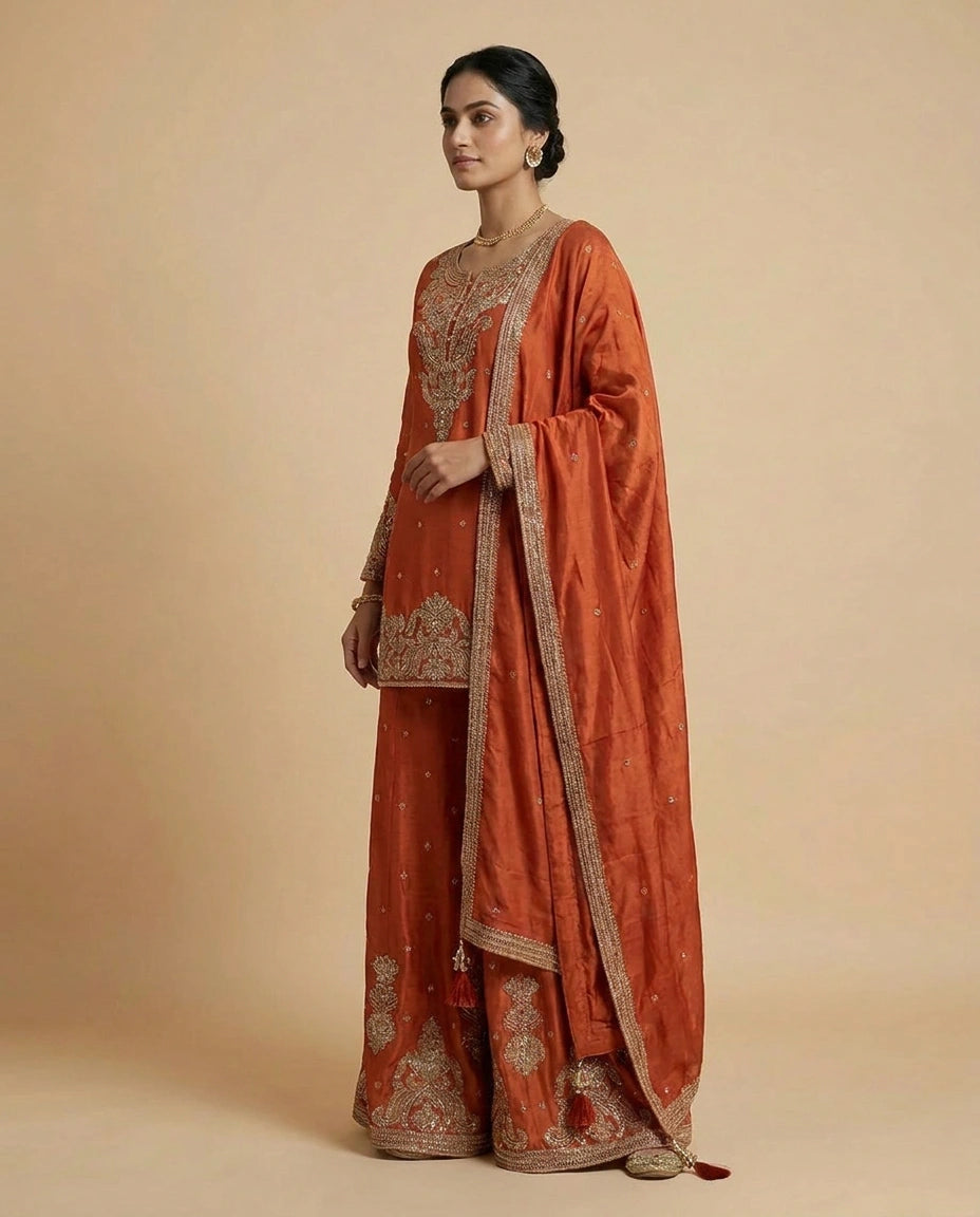Chinon Silk Sharara Suit with Zari and Stone Work Online India - Rangoli India