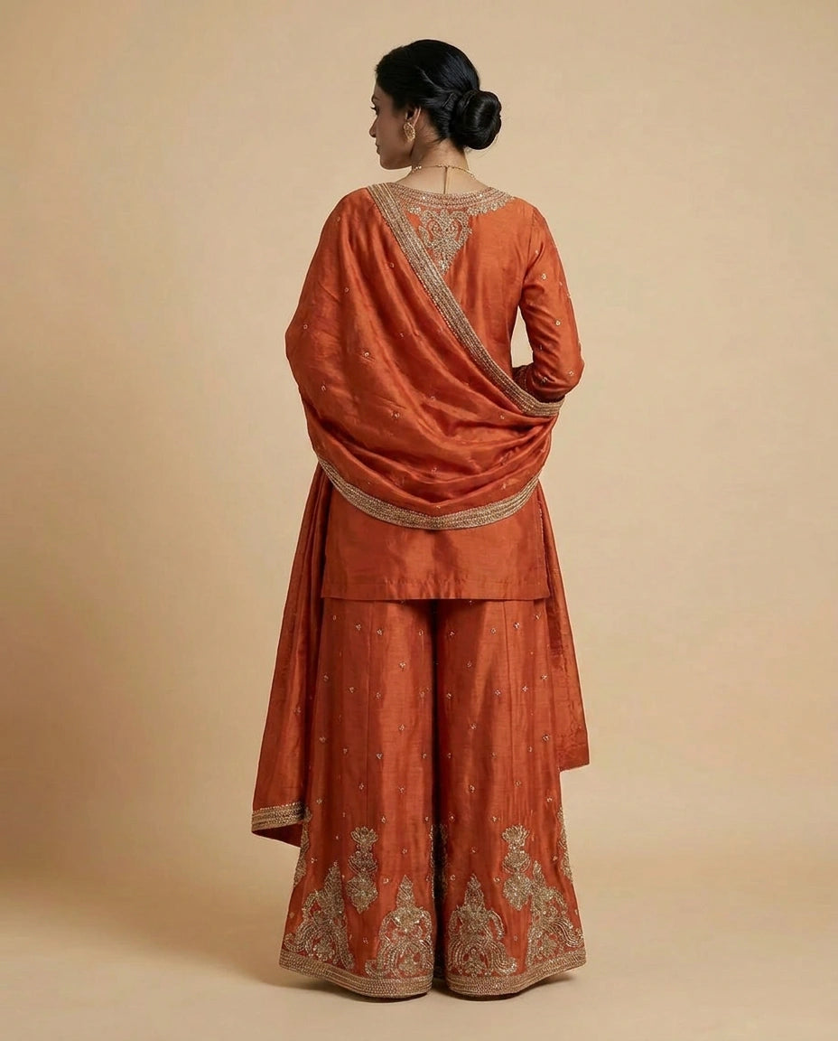 Chinon Silk Sharara Suit with Zari and Stone Work Online India - Rangoli India