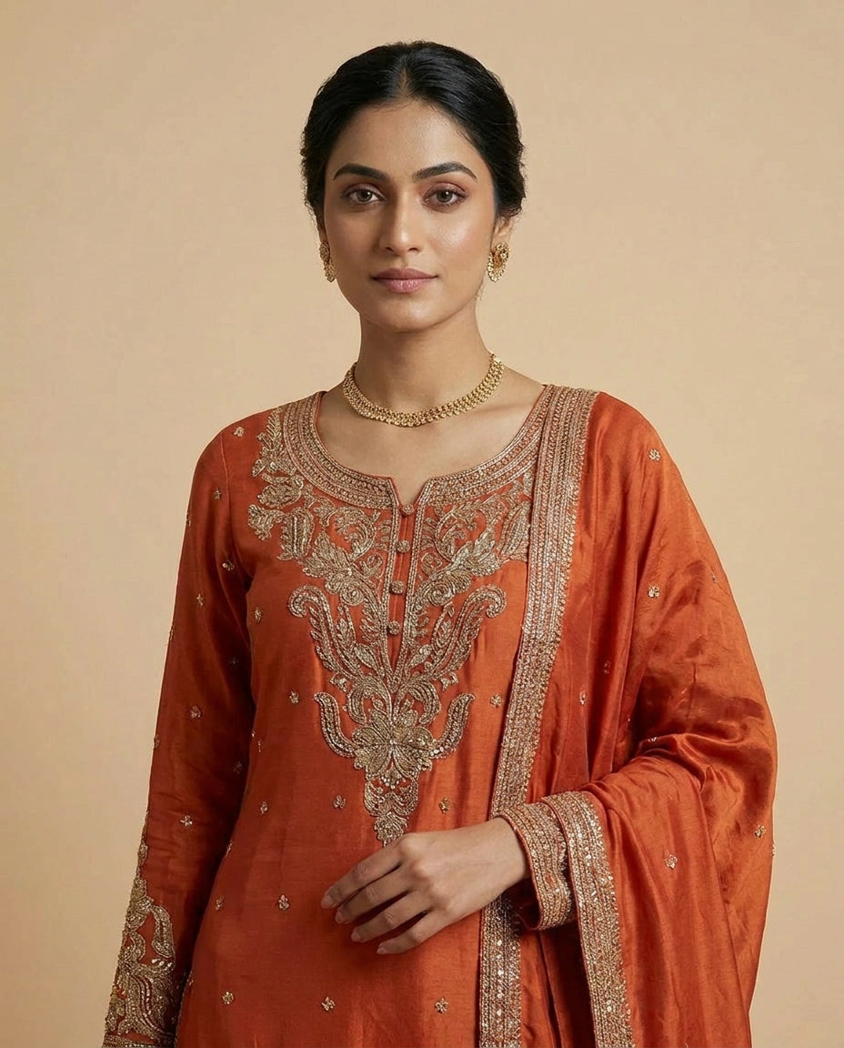 Chinon Silk Sharara Suit with Zari and Stone Work Online India - Rangoli India