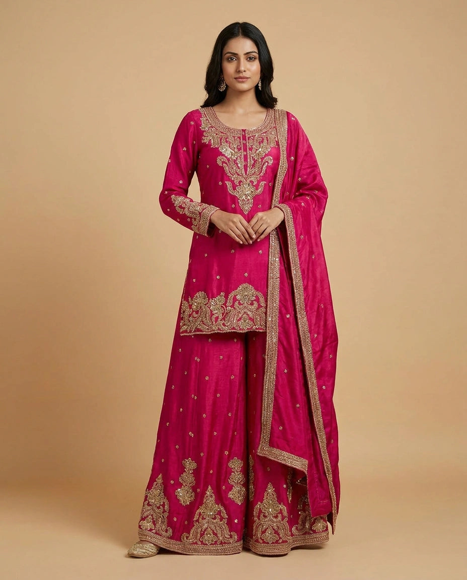Chinon Silk Sharara Suit with Zari and Stone Work Online India - Rangoli India