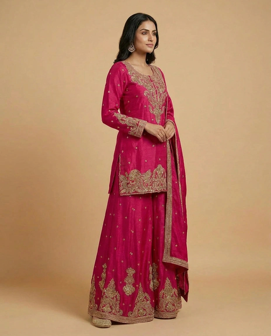 Chinon Silk Sharara Suit with Zari and Stone Work Online India - Rangoli India
