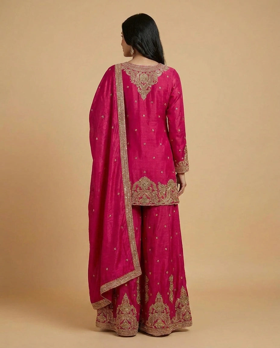 Chinon Silk Sharara Suit with Zari and Stone Work Online India - Rangoli India