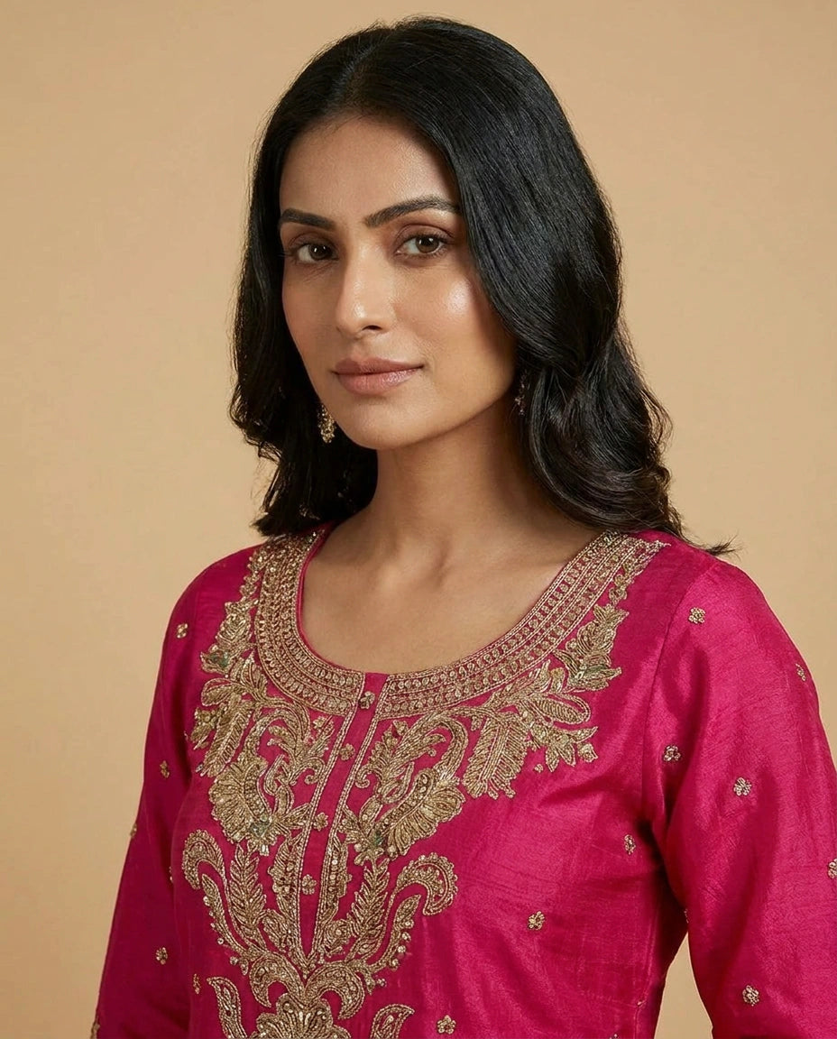 Chinon Silk Sharara Suit with Zari and Stone Work Online India - Rangoli India