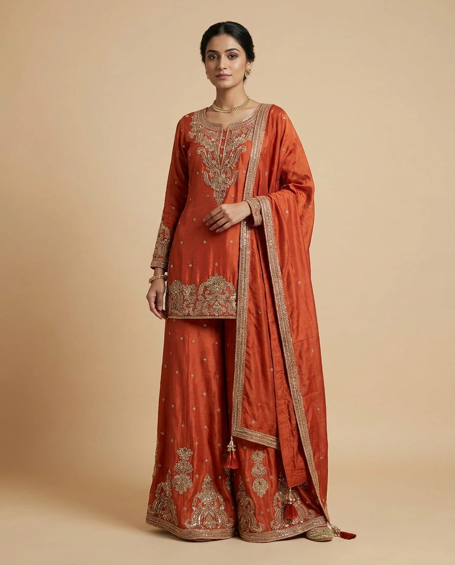 Chinon Silk Sharara Suit with Zari and Stone Work Online India - Rangoli India
