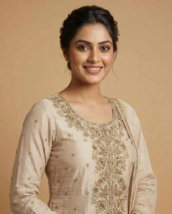 Off White Chinon Sharara Suit with Embroidered Detail - Rangoli India
