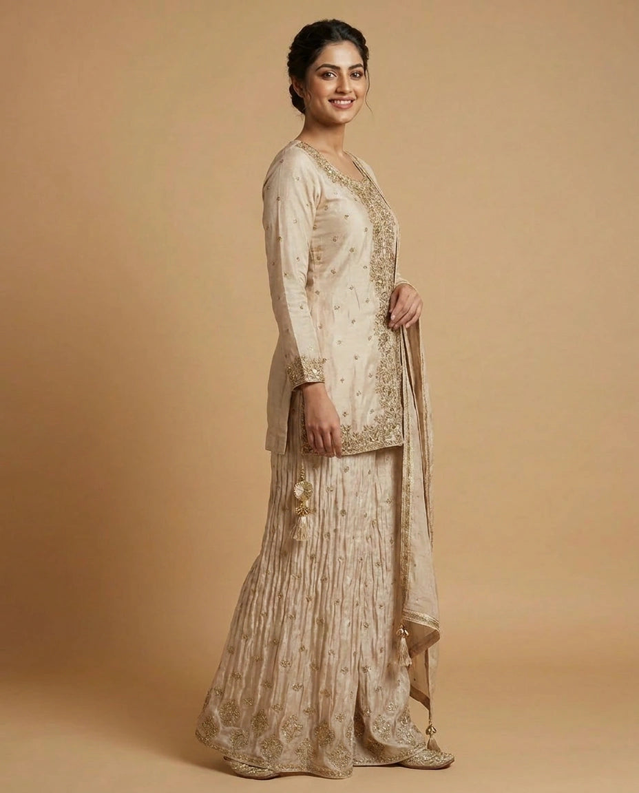 Off White Chinon Sharara Suit with Embroidered Detail - Rangoli India