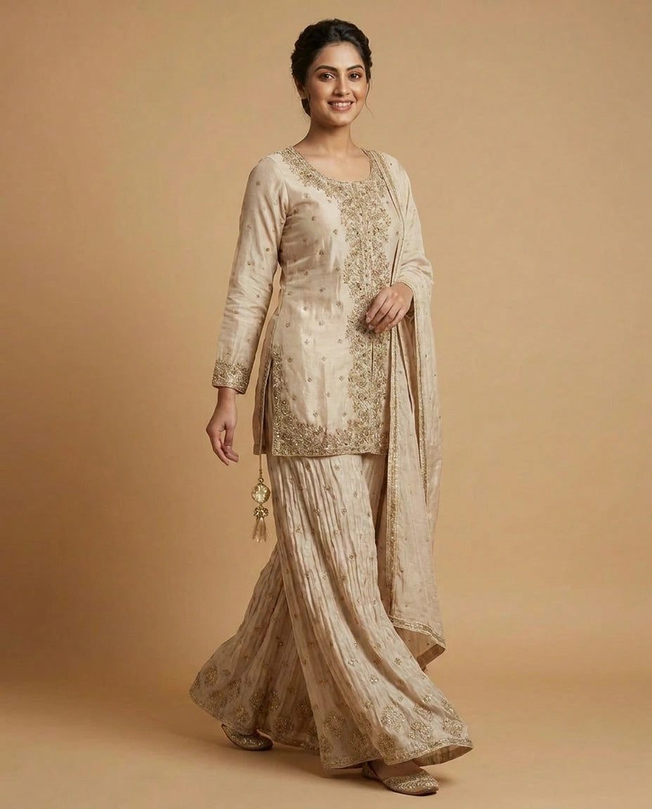 Off White Chinon Sharara Suit with Embroidered Detail - Rangoli India