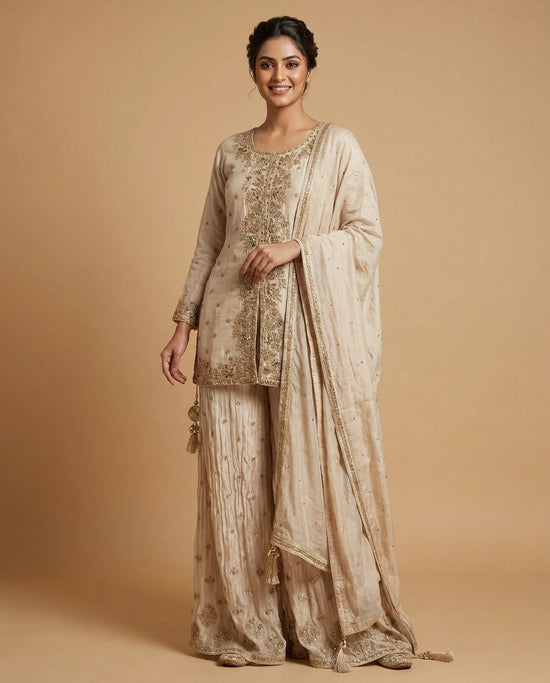 Off White Chinon Sharara Suit with Embroidered Detail - Rangoli India
