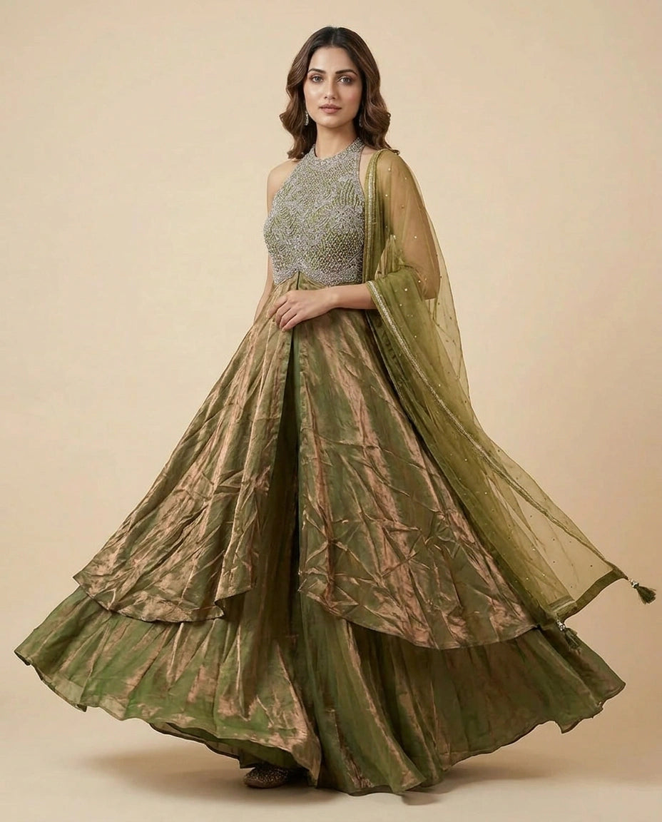 Tissue Straight Suit with Sequin and Zari Embroidery for Women - Rangoli India