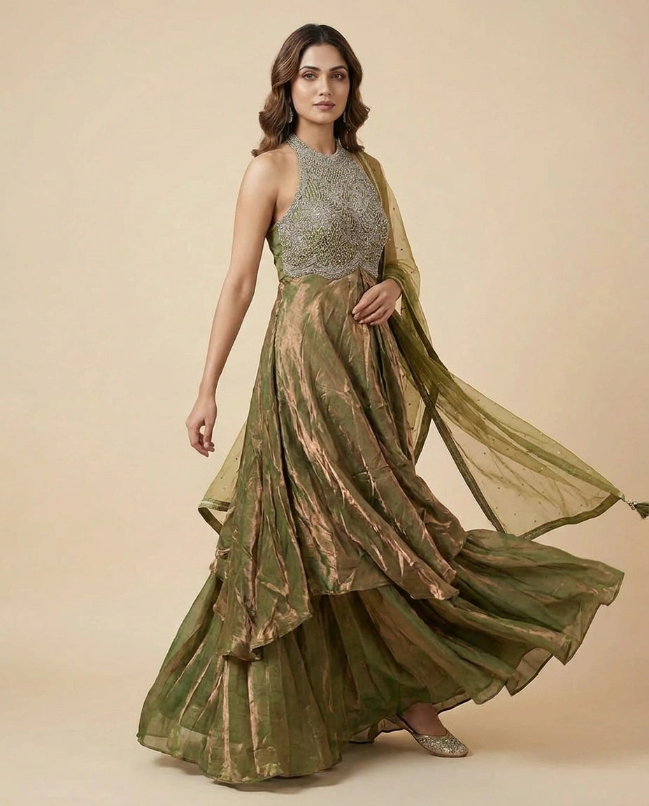 Tissue Straight Suit with Sequin and Zari Embroidery for Women - Rangoli India