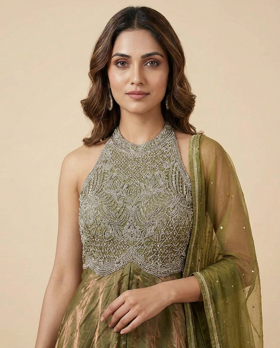 Tissue Straight Suit with Sequin and Zari Embroidery for Women - Rangoli India