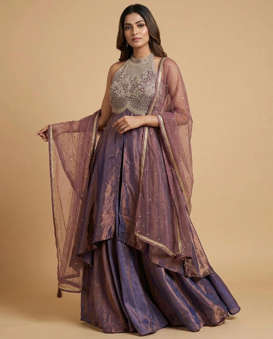 Tissue Straight Suit with Sequin and Zari Embroidery for Women - Rangoli India