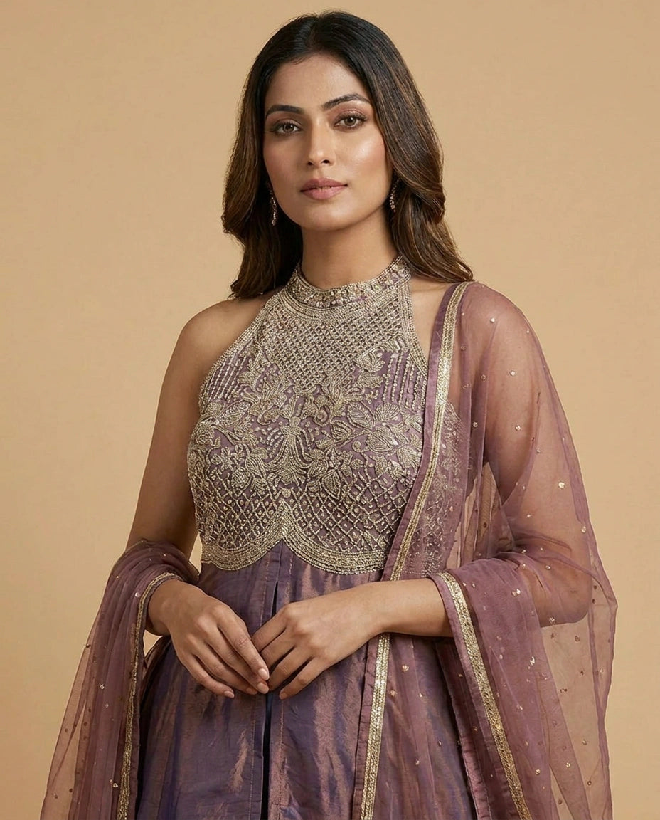 Tissue Straight Suit with Sequin and Zari Embroidery for Women - Rangoli India
