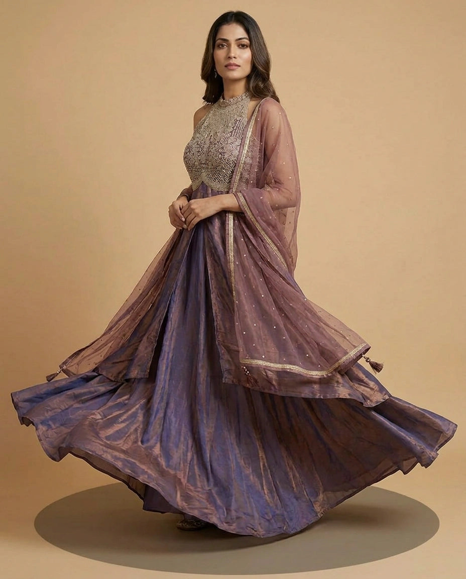 Tissue Straight Suit with Sequin and Zari Embroidery for Women - Rangoli India