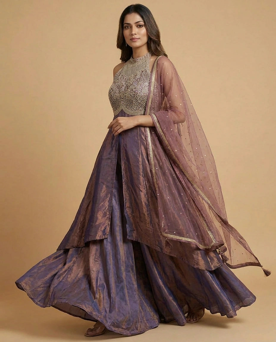 Tissue Straight Suit with Sequin and Zari Embroidery for Women - Rangoli India