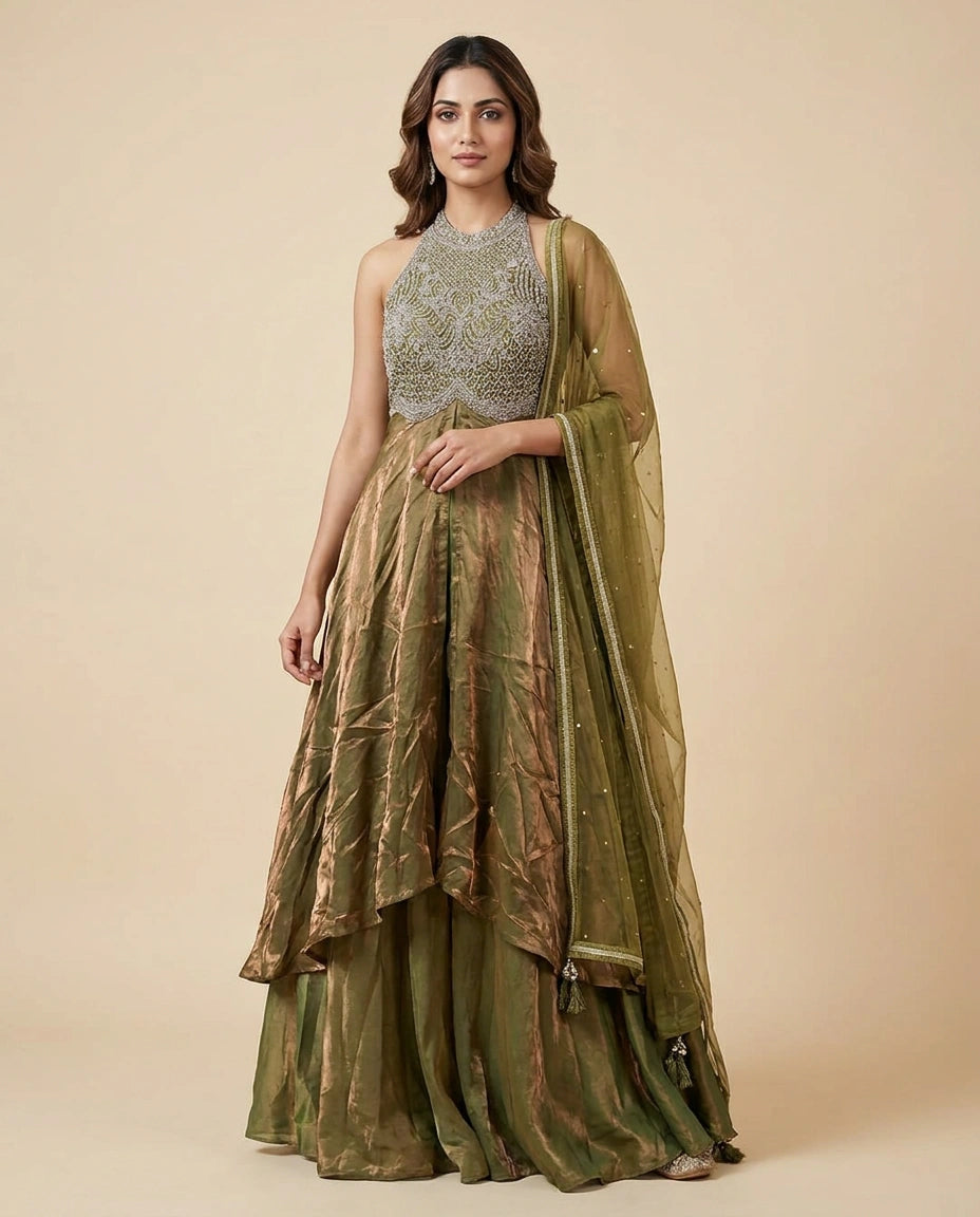Tissue Straight Suit with Sequin and Zari Embroidery for Women - Rangoli India