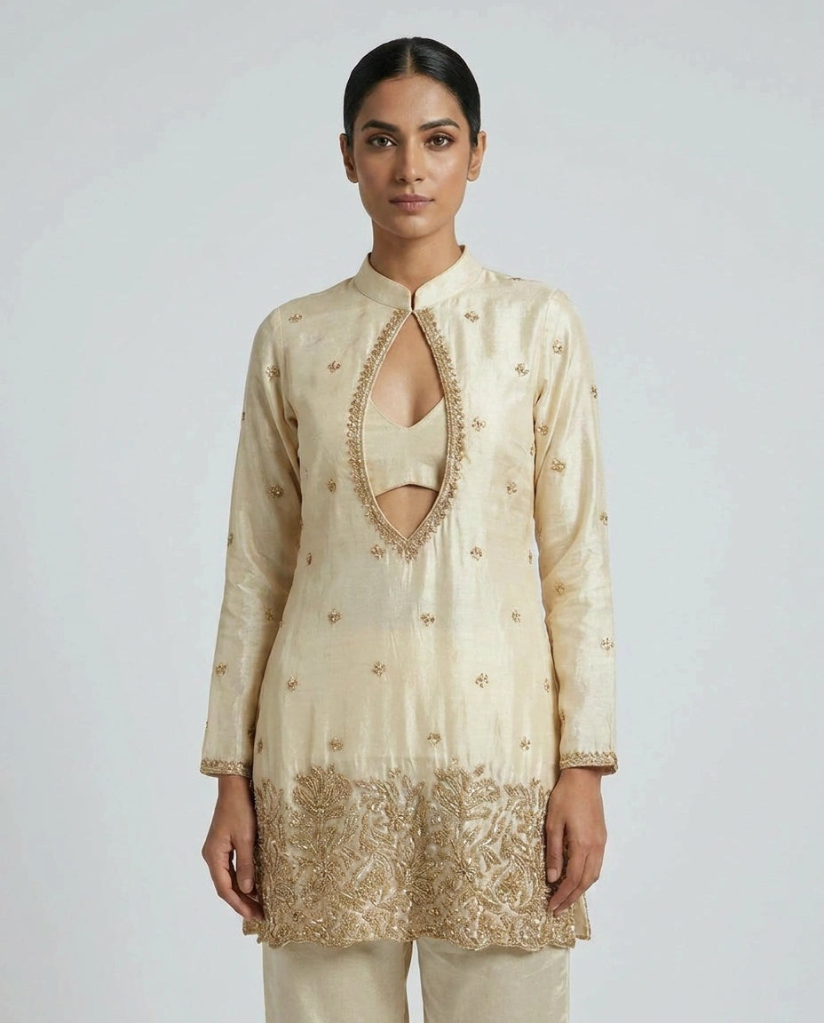 Off White Tissue Choli Palazzo Set with Jacket Choli - Rangoli India
