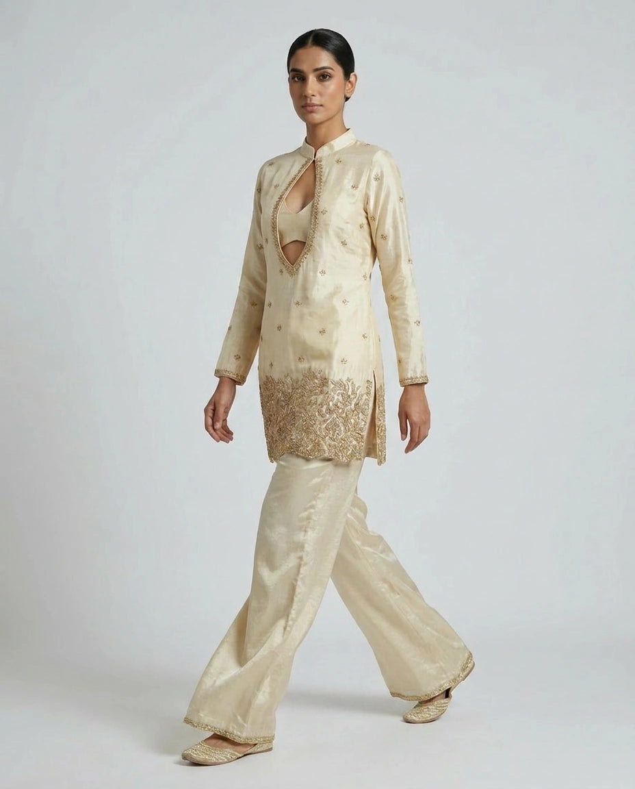 Off White Tissue Choli Palazzo Set with Jacket Choli view 3