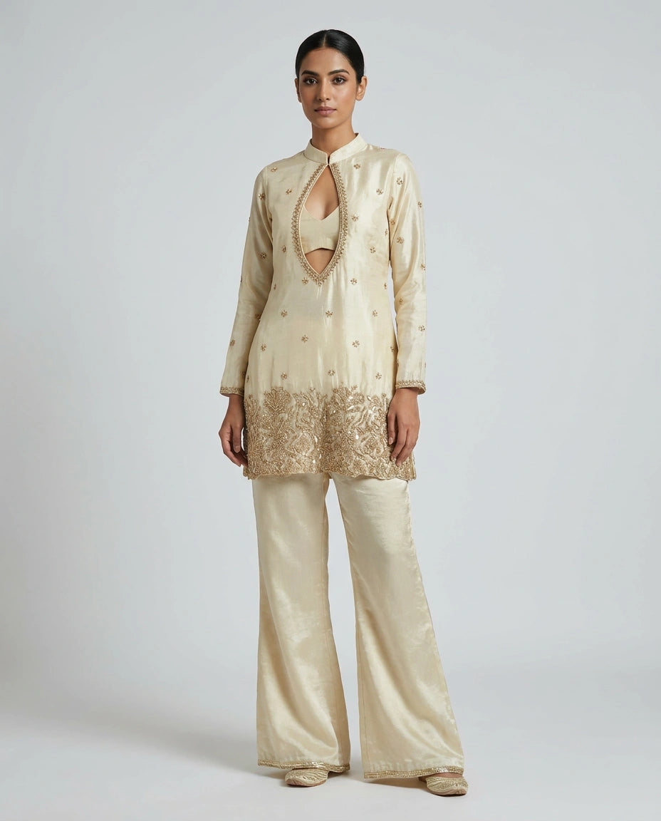 Off White Tissue Choli Palazzo Set with Jacket Choli view 4