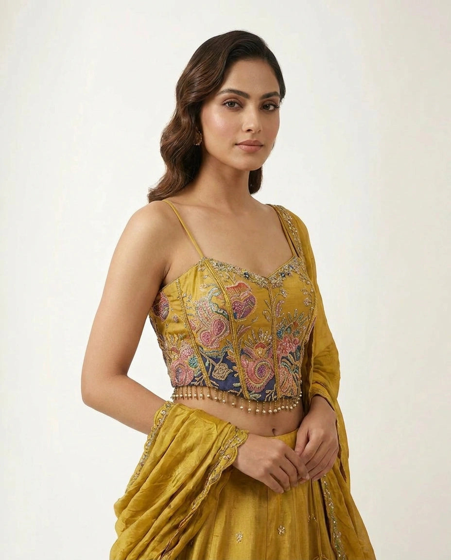 Chinon Silk Croptop Lehenga with Hand Embroidered Bodice - Rangoli India