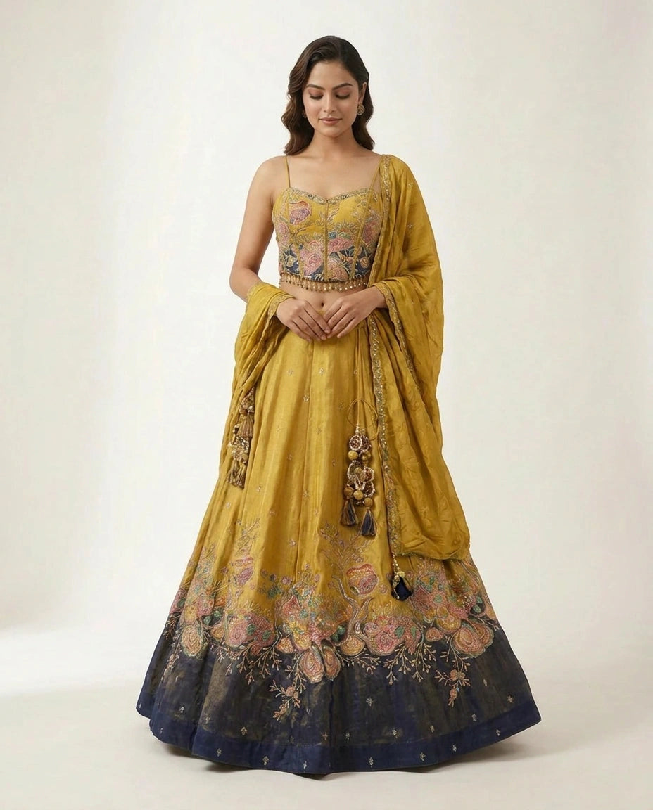 Chinon Silk Croptop Lehenga with Hand Embroidered Bodice - Rangoli India