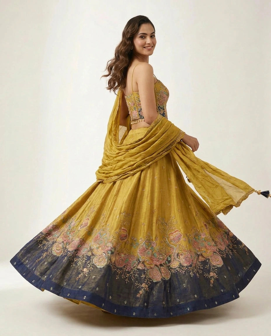 Chinon Silk Croptop Lehenga with Hand Embroidered Bodice - Rangoli India