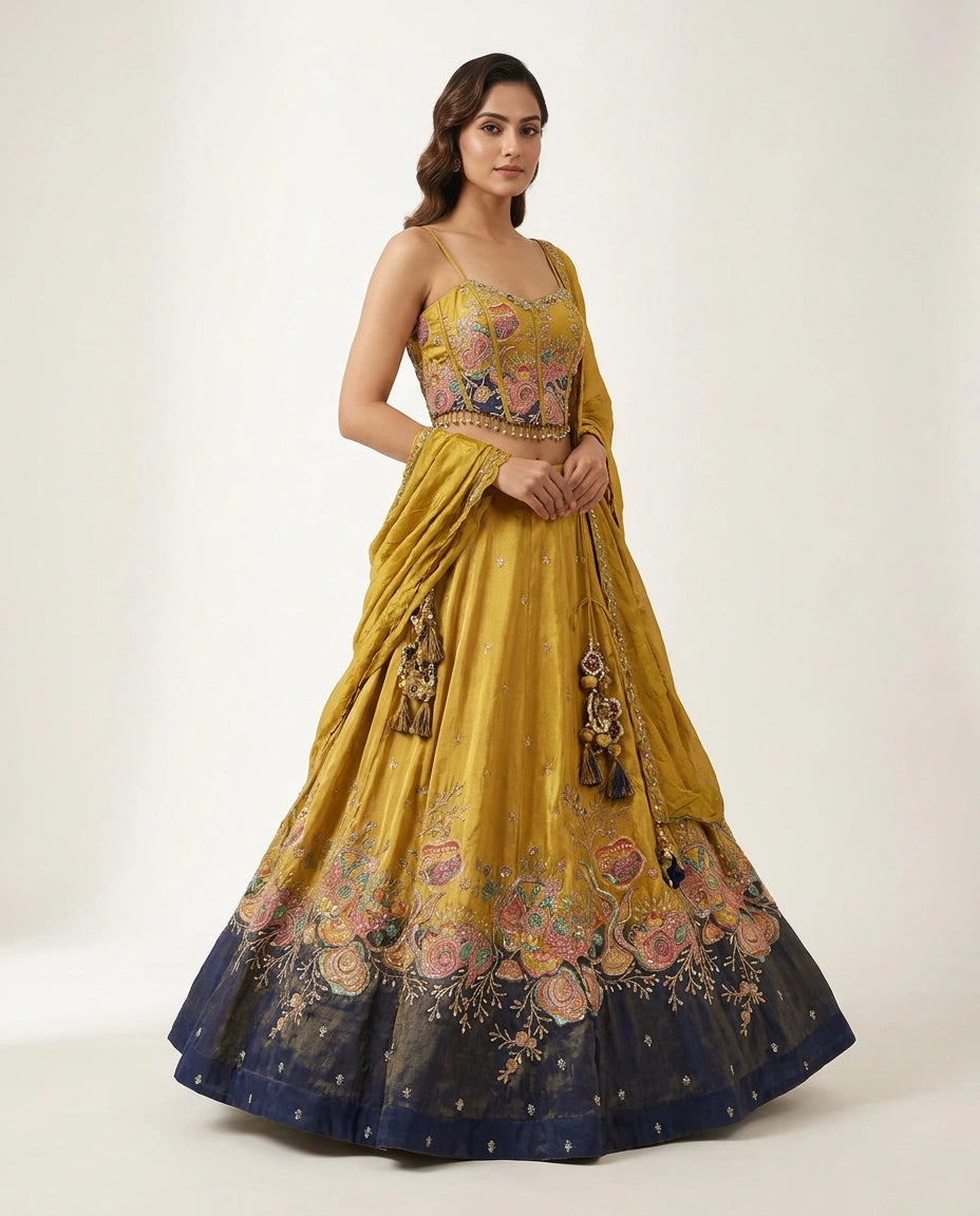 Chinon Silk Croptop Lehenga with Hand Embroidered Bodice - Rangoli India