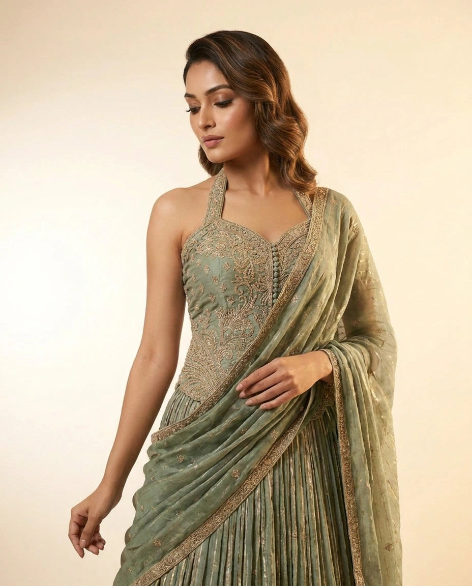 Tissue Lehenga with Gota Patti Flared Skirt Online India - Rangoli India