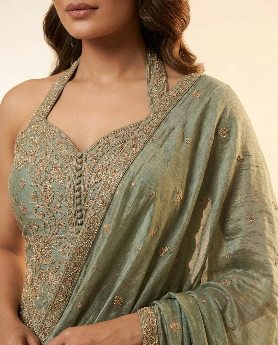 Tissue Lehenga with Gota Patti Flared Skirt Online India - Rangoli India