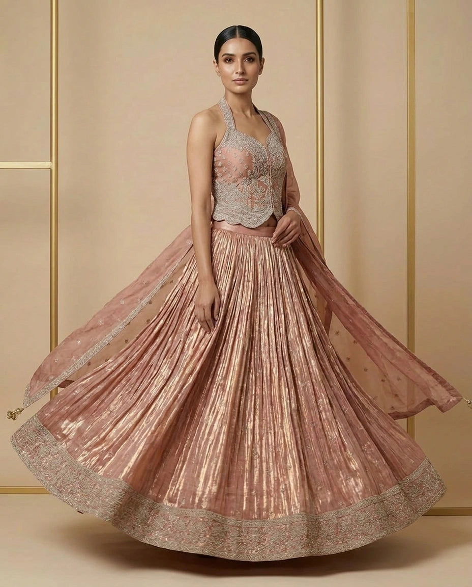 Tissue Lehenga with Gota Patti Flared Skirt Online India - Rangoli India