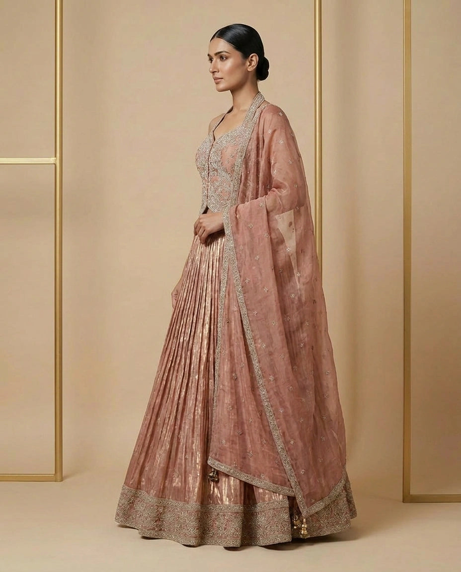 Tissue Lehenga with Gota Patti Flared Skirt Online India - Rangoli India