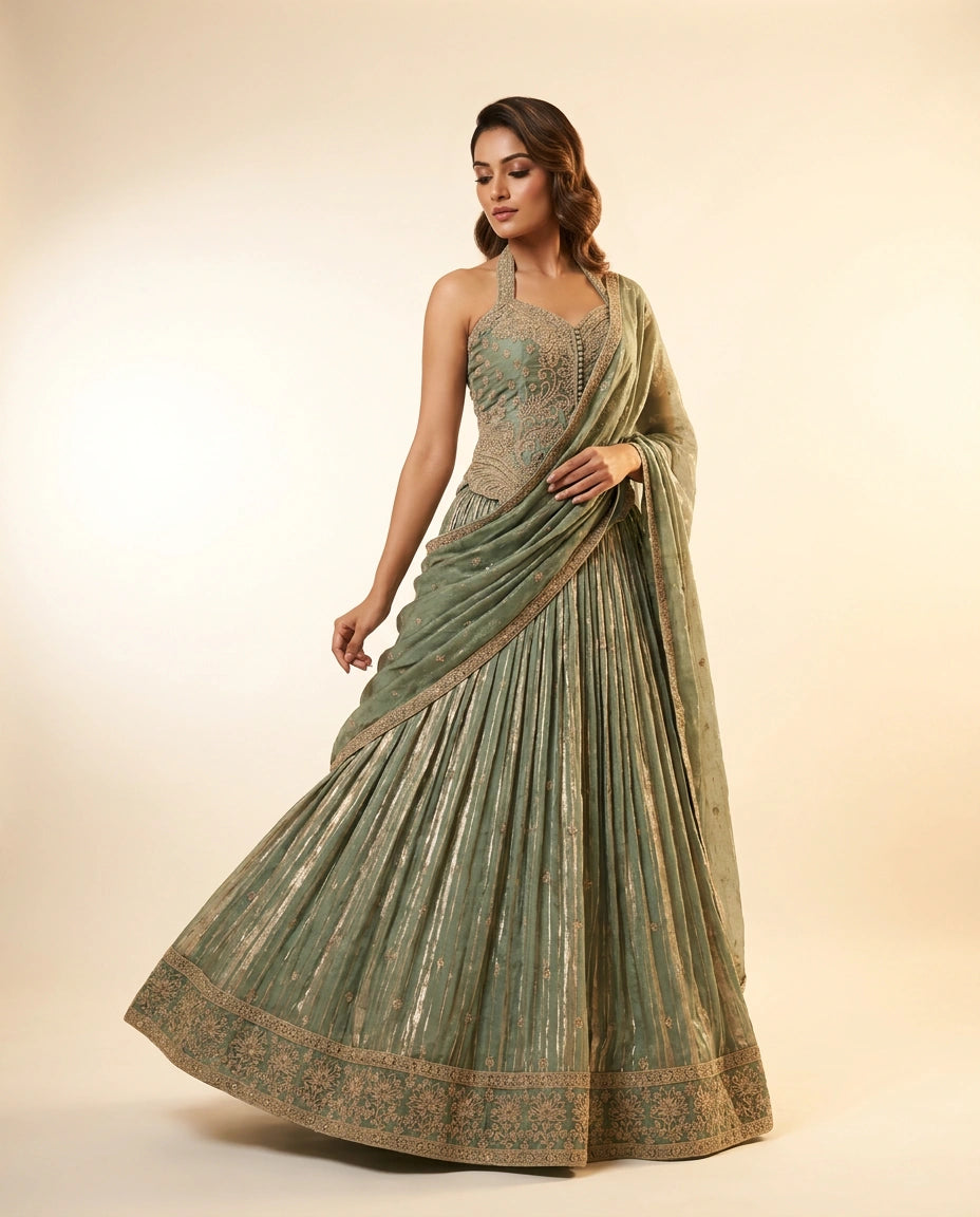 Tissue Lehenga with Gota Patti Flared Skirt Online India - Rangoli India