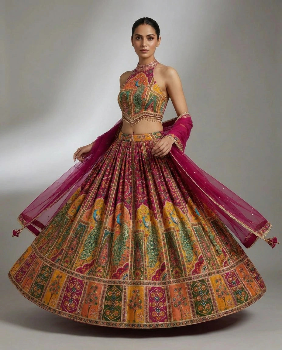 Chinon Silk Lehenga with Resham Embroidered Choli Online India - Rangoli India