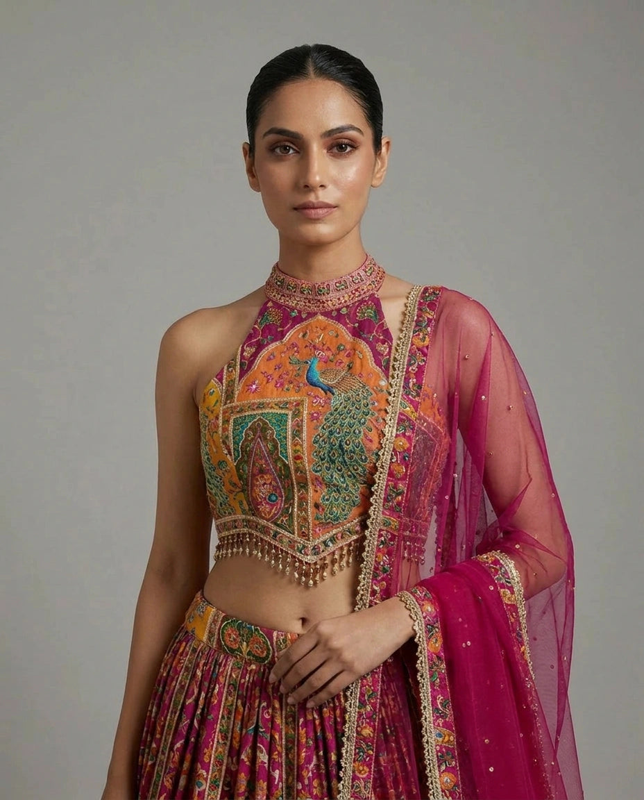 Chinon Silk Lehenga with Resham Embroidered Choli Online India - Rangoli India