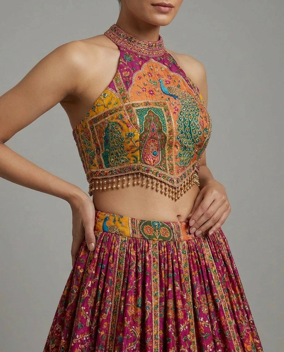 Chinon Silk Lehenga with Resham Embroidered Choli Online India - Rangoli India