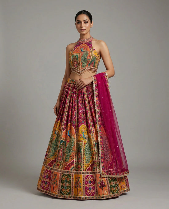 Chinon Silk Lehenga with Resham Embroidered Choli Online India - Rangoli India