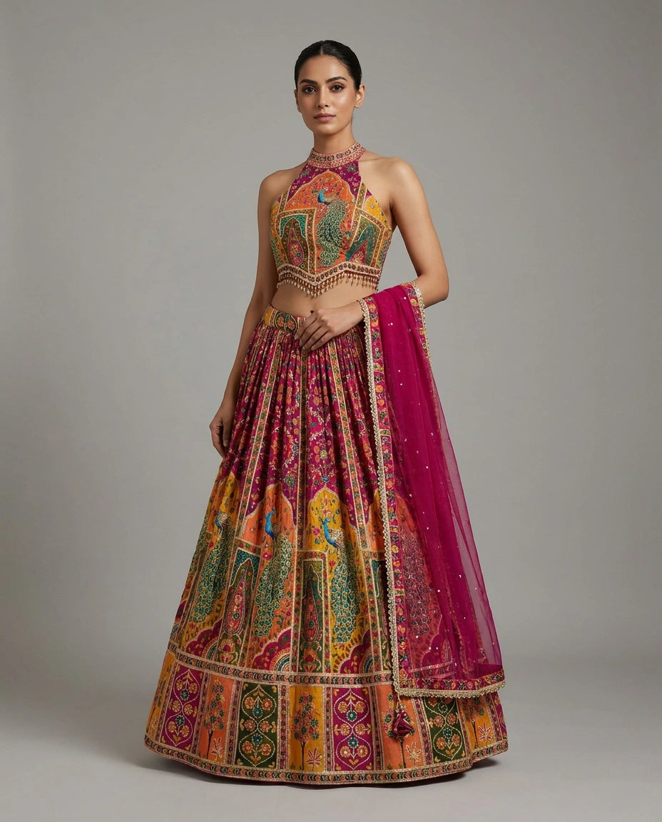 Chinon Silk Lehenga with Resham Embroidered Choli Online India - Rangoli India