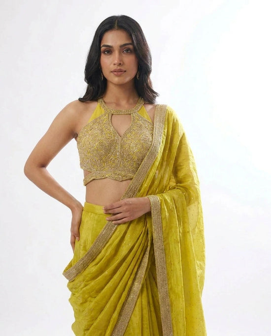 Lime Green Tissue Designer Saree with Pre-Draped Pleats - Rangoli India