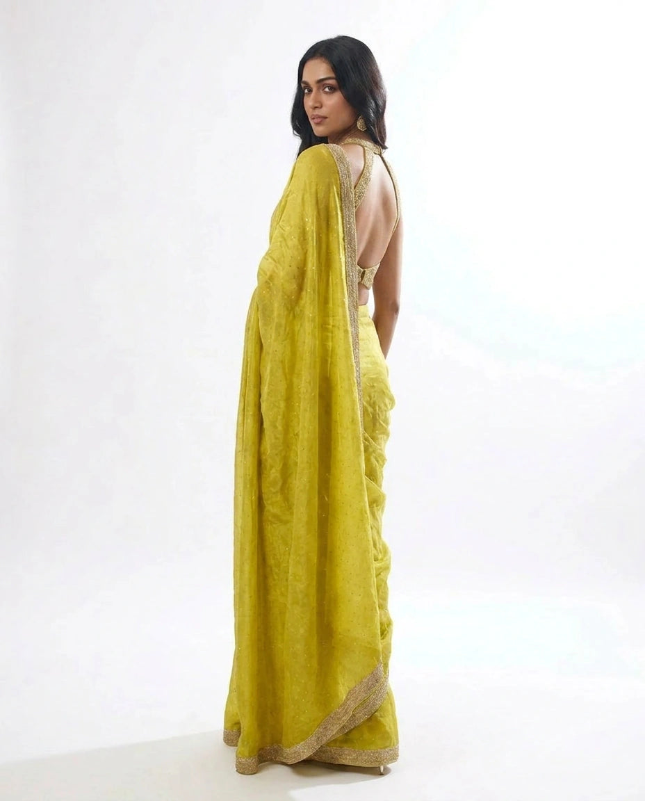 Lime Green Tissue Designer Saree with Pre-Draped Pleats view 2