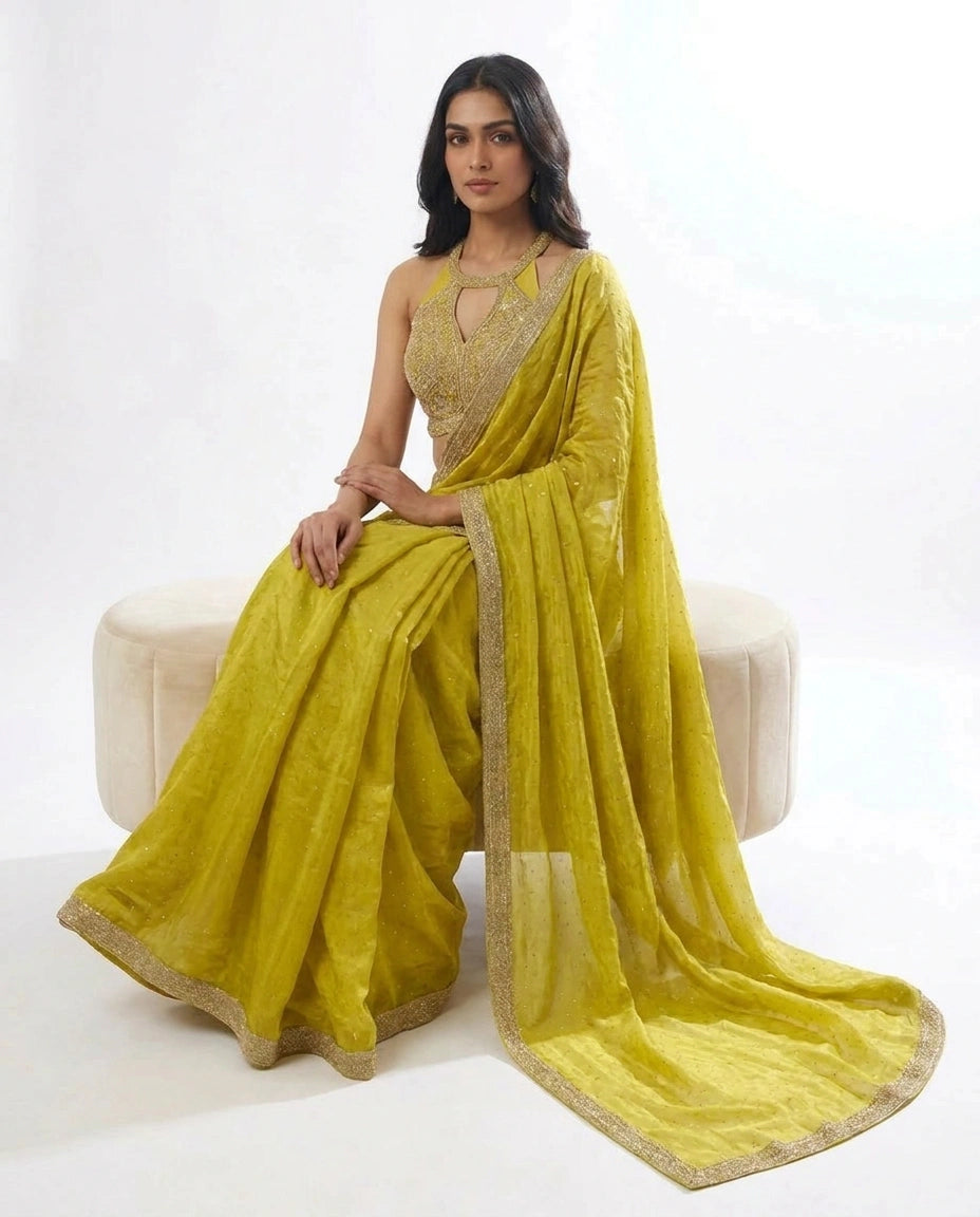 Lime Green Tissue Designer Saree with Pre-Draped Pleats view 4