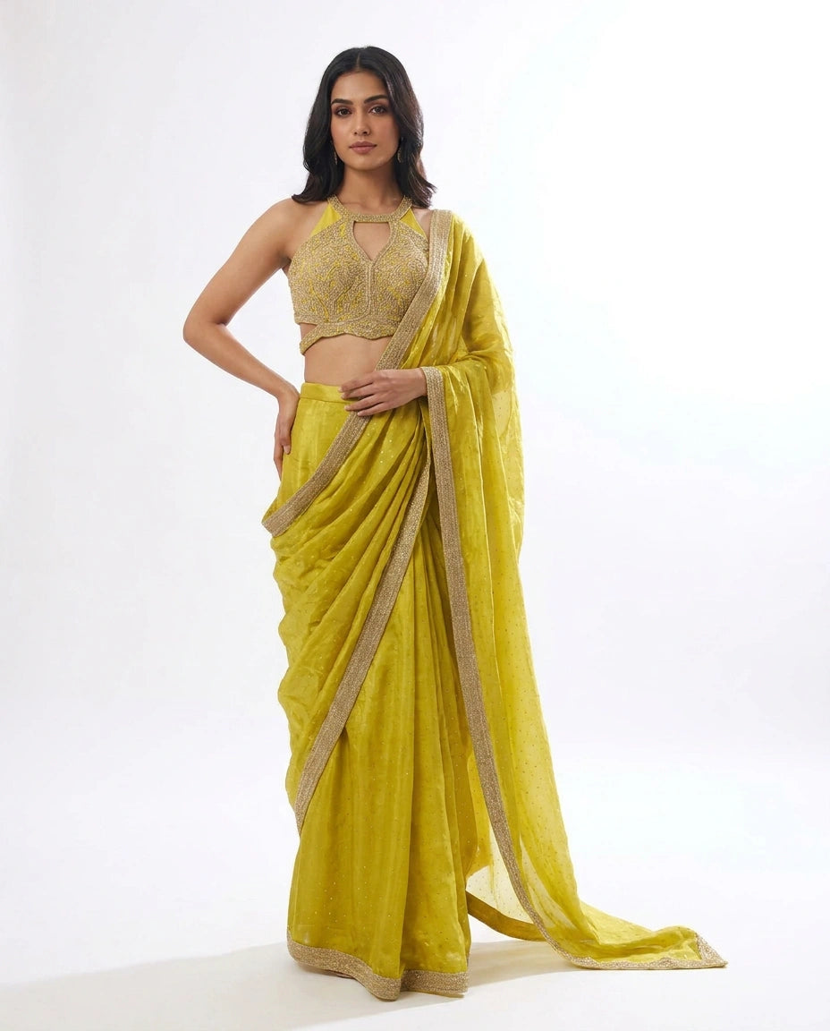 Lime Green Tissue Designer Saree with Pre-Draped Pleats view 3