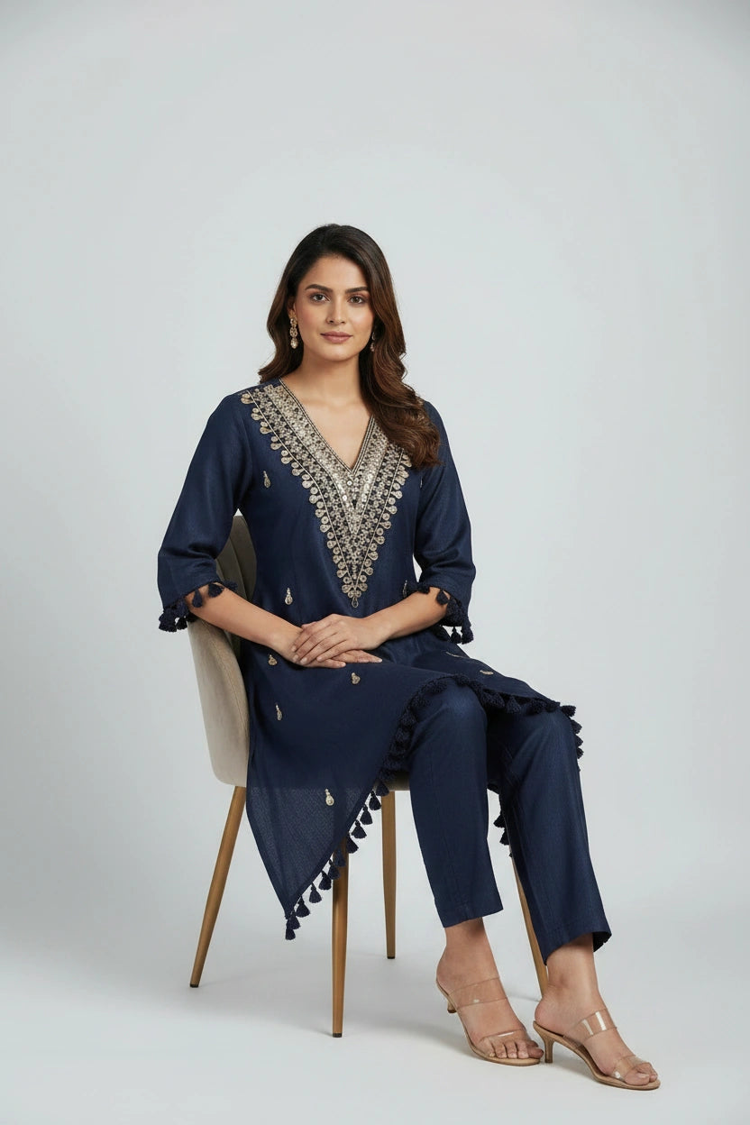 Breezy Cotton Linen Kurti with Bottom - Rangoli Sarees