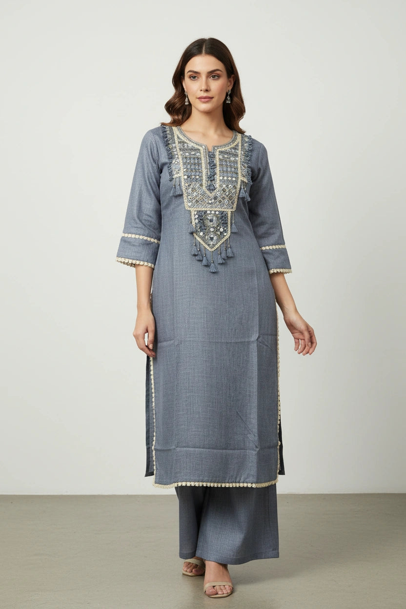 Breezy Cotton Linen Kurti with Bottom - Rangoli Sarees